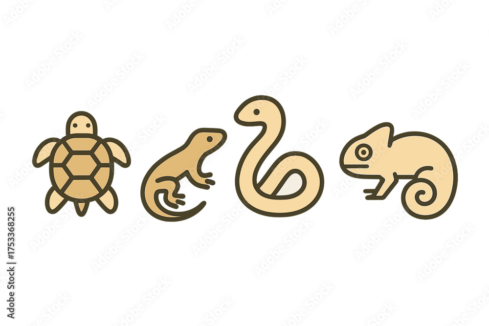Obraz premium Simple collection of four stylized reptile animals: turtle, lizard, snake, and chameleon