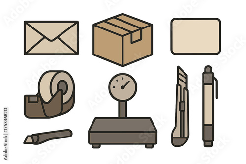 Essential tools for mailing and packaging: cardboard box, envelope, postal scale, tape dispenser, and utility knife
