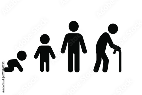 Simple black icons showing human life stages from baby to senior citizen
