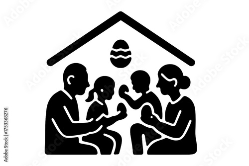 Family celebrating Easter holiday at home with decorated eggs under a protective roof symbol