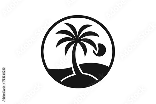 Minimalist circular icon of a tropical island with a palm tree and setting sun