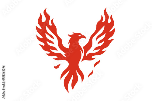 Stylized red phoenix bird rising with spread wings surrounded by dynamic flames