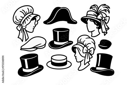 Set of classic historical headwear silhouettes featuring bonnets, top hats, and bicorne hats