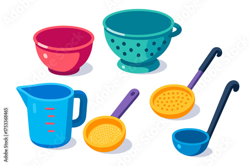 Colorful set of essential kitchen utensils including bowls, colander, measuring cup, and ladles