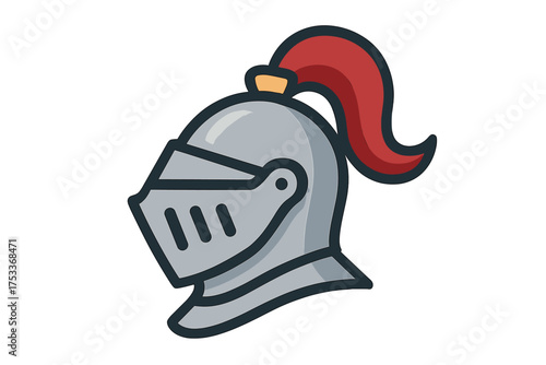 Detailed medieval knight armor helmet featuring a closed visor and flowing red plume crest