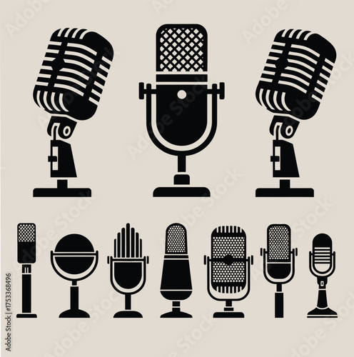 Microphones retro vintage audio music podcast broadcast recording sound equipment studio voice media radio show on white background