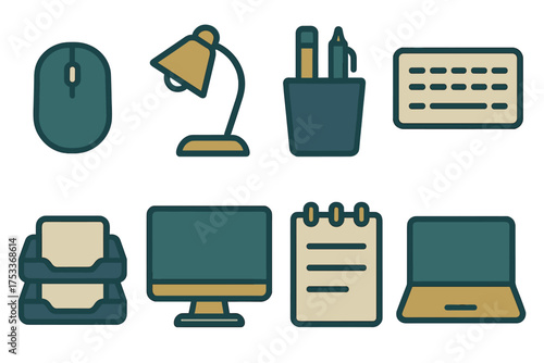Collection of essential office supplies and digital technology items including laptop, monitor, and mouse