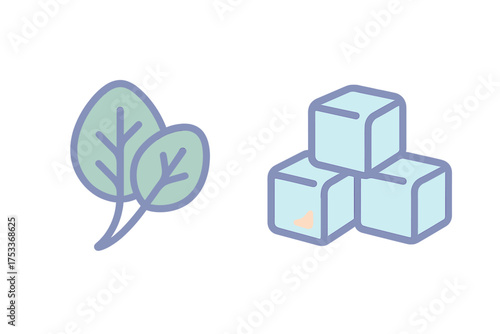 Simple graphic icon of fresh spinach leaves next to three cold ice cubes