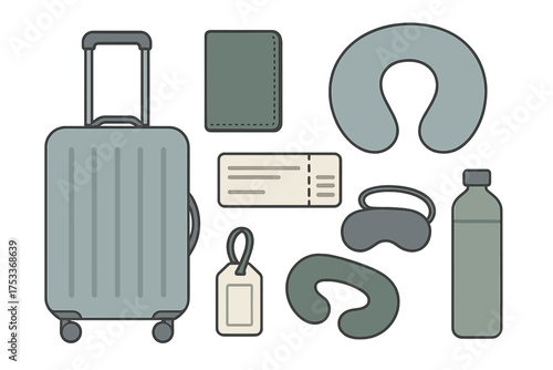 Set of essential travel accessories including suitcase, passport, ticket, neck pillow, and sleep mask