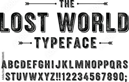 The Lost World Font Style with Black and Silver Speckled Texture and Arrow Accent