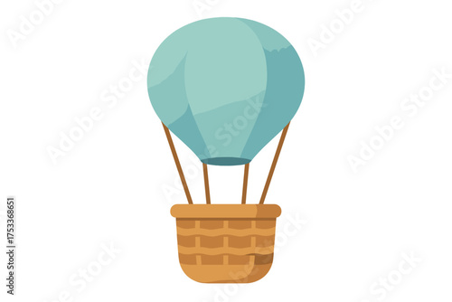 Light blue hot air balloon with a woven wicker basket isolated on a white background