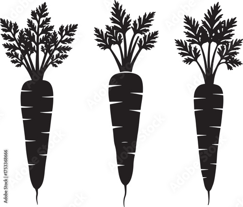 Three black carrot silhouettes with green tops