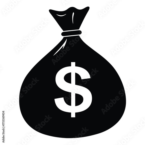Black and white illustration of a money bag with dollar sign