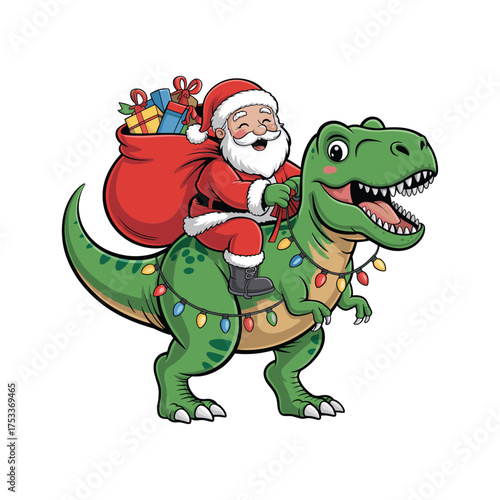 Fototapeta Naklejka Na Ścianę i Meble -  Joyful santa claus riding a festive t-rex dinosaur with presents and christmas lights
