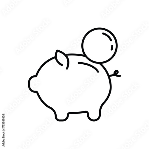 Money Saving, linear icon. Saving and preserving finances. Hand putting a coin in a piggy bank. Line with editable stroke