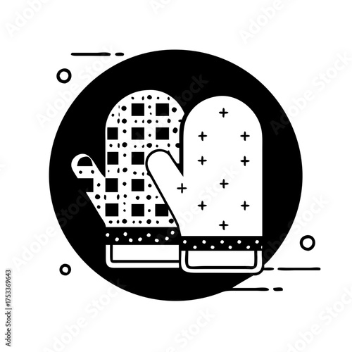 Illustration of oven mitts in black and white, ideal for culinary or safetythemed designs