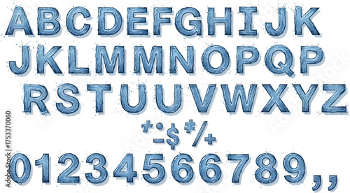 Water Letters Alphabet Set with Blue Liquid Texture Isolated on White Background