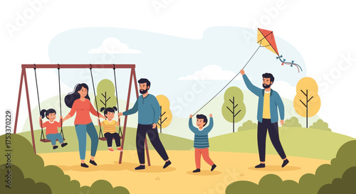 Happy families enjoying outdoor activities in a park, with children playing on swings and flying a kite.
