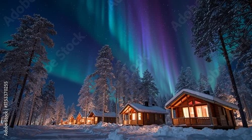 Cinematic wide shot of Santa’s Arctic village, cozy wooden houses glowing warmly in the snow beneath the Northern Lights, magical festive atmosphere and winter wonder.
