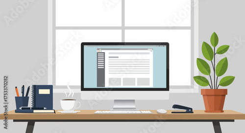A clean and modern home office desk setup with a computer monitor displaying a web page, a potted plant, coffee, and office supplies in front of a bright window.