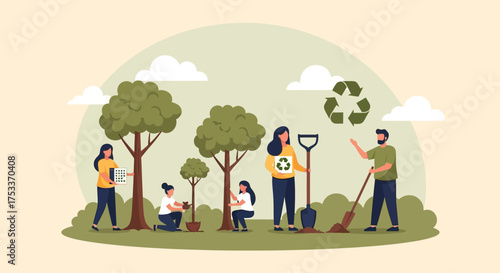 Group of people planting trees and working together to protect the environment and promote sustainability.