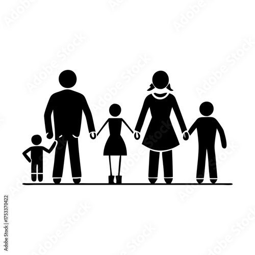 Vector art of family of five stick figures holding hands, a father, mother, two sons and a daughter