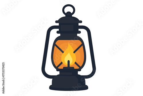Vintage dark blue oil lamp with bright yellow flame glowing inside the glass chamber