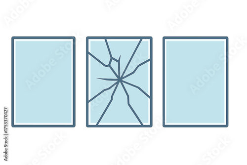 Three stages of window glass damage showing clean, cracked, and repaired or replacement panes