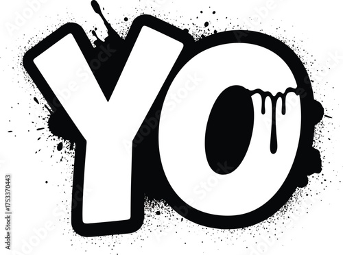 White YO Letters in Black Splatter with Dripping Effects On White