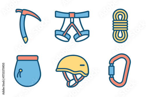 Six flat line icons of essential rock climbing and mountaineering safety equipment and tools