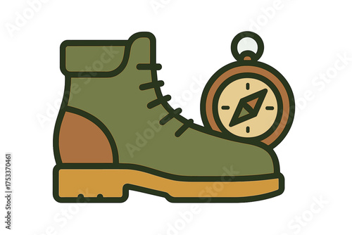 Green hiking boot with brown accents next to a vintage style compass for outdoor navigation