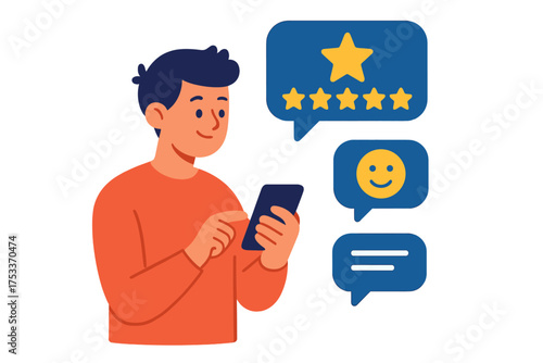 Young man submitting five star rating feedback using a mobile smartphone