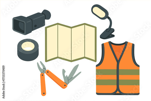 Collection of essential safety equipment and tools for emergency response or outdoor exploration