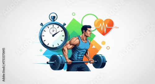 Weightlifting workout illustration with timer and heart rate monitor.