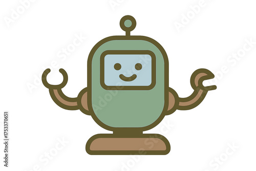 Friendly cartoon robot character with a smiling face and mechanical claw arms