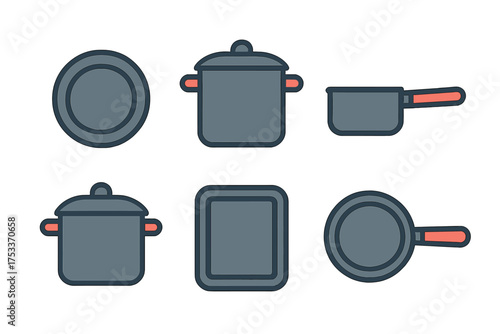 Set of kitchen cooking tools and equipment including saucepans skillets and frying pans