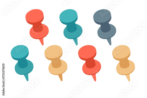 Colorful pushpins scattered on a white background in isometric view
