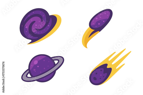 Set of cosmic objects including spiral galaxy, ringed planet, fast asteroid, and meteoroid