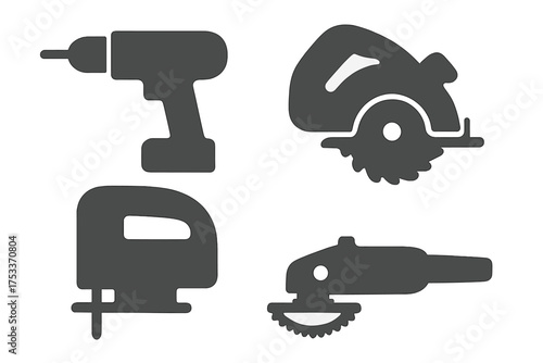 Essential power tools collection including drill circular saw jigsaw and angle grinder silhouettes