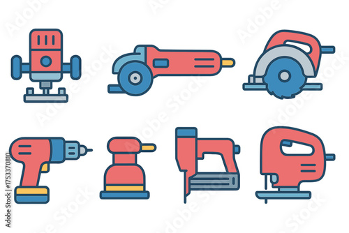 Collection of common electric power tools used for construction and home improvement