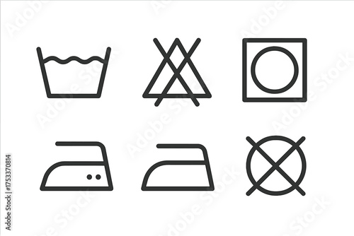 Set of six common laundry care symbols for washing, bleaching, drying, and ironing clothes