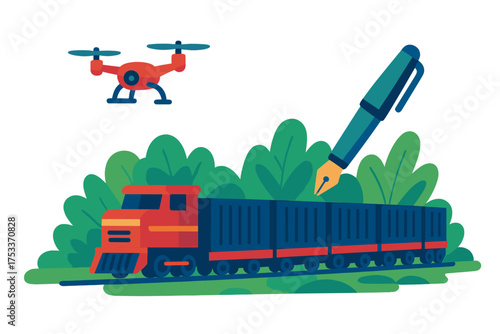 Freight train carrying cargo containers monitored by a drone and documented by a giant fountain pen