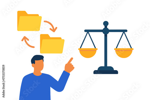 Man pointing at data folders compared against justice balance scale symbolizing legal compliance