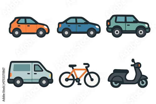 Set of urban transportation vehicles: passenger cars, delivery van, bicycle, and motor scooter