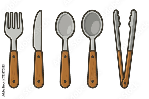 Essential kitchen utensils set with fork, knife, spoons, and serving tongs featuring wooden handles