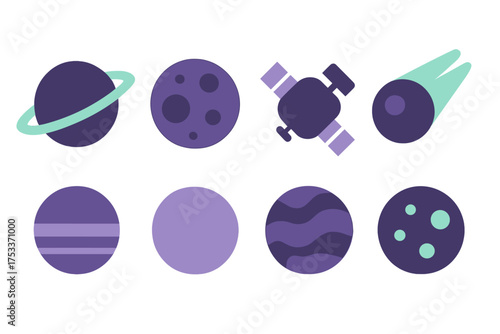 Stylized astronomy symbols showing planets celestial bodies satellite and comet