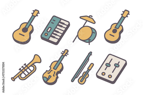 Colorful collection of diverse musical instruments and sound mixing equipment icons
