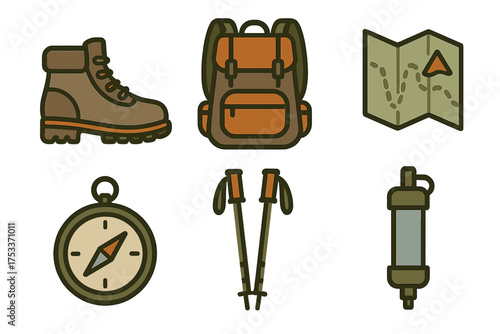 Outdoor adventure gear icons: hiking boots, backpack, map, compass, trekking poles