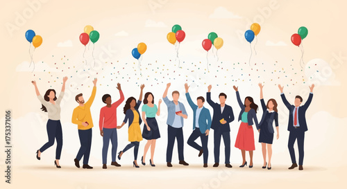 A diverse group of people celebrating with balloons and confetti, expressing joy and success.