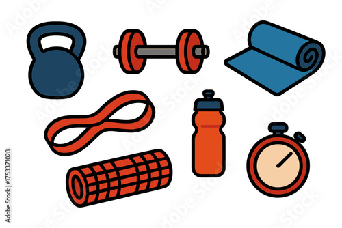 Essential gym and fitness equipment collection including weights, mat, and resistance gear